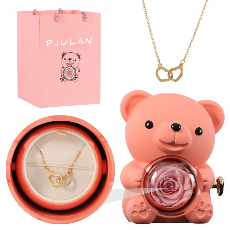 Ours Rose Éternelle avec Collier Gravé