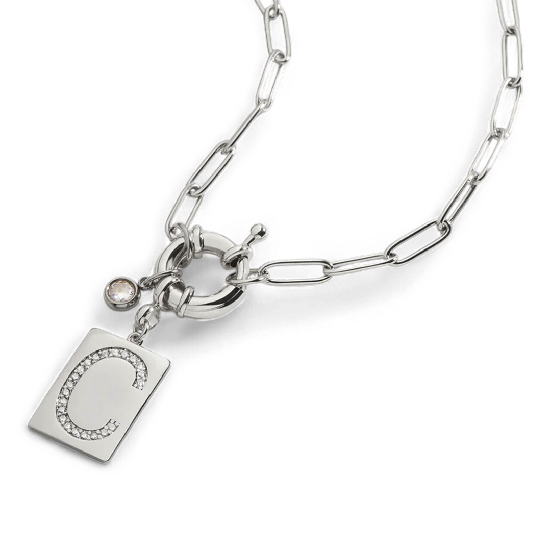 Collier pendentif avec initiale pavé et chaîne maille papier