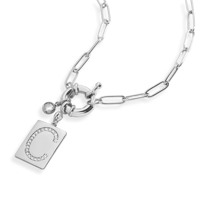Collier pendentif avec initiale pavé et chaîne maille papier