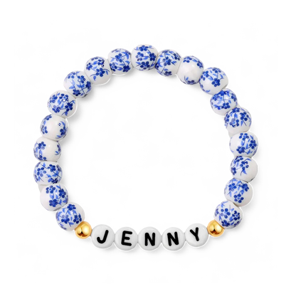 Custom Name Blue Porcelain Floral Beaded Bracelet
