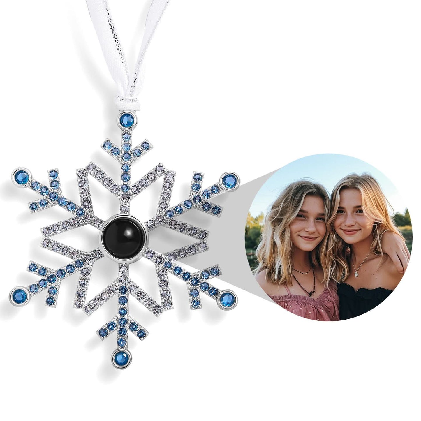 Ornement photo personnalisé flocon de neige bleu ombré