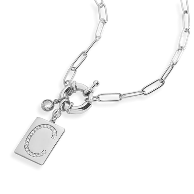 Collier pendentif avec initiale pavé et chaîne maille papier