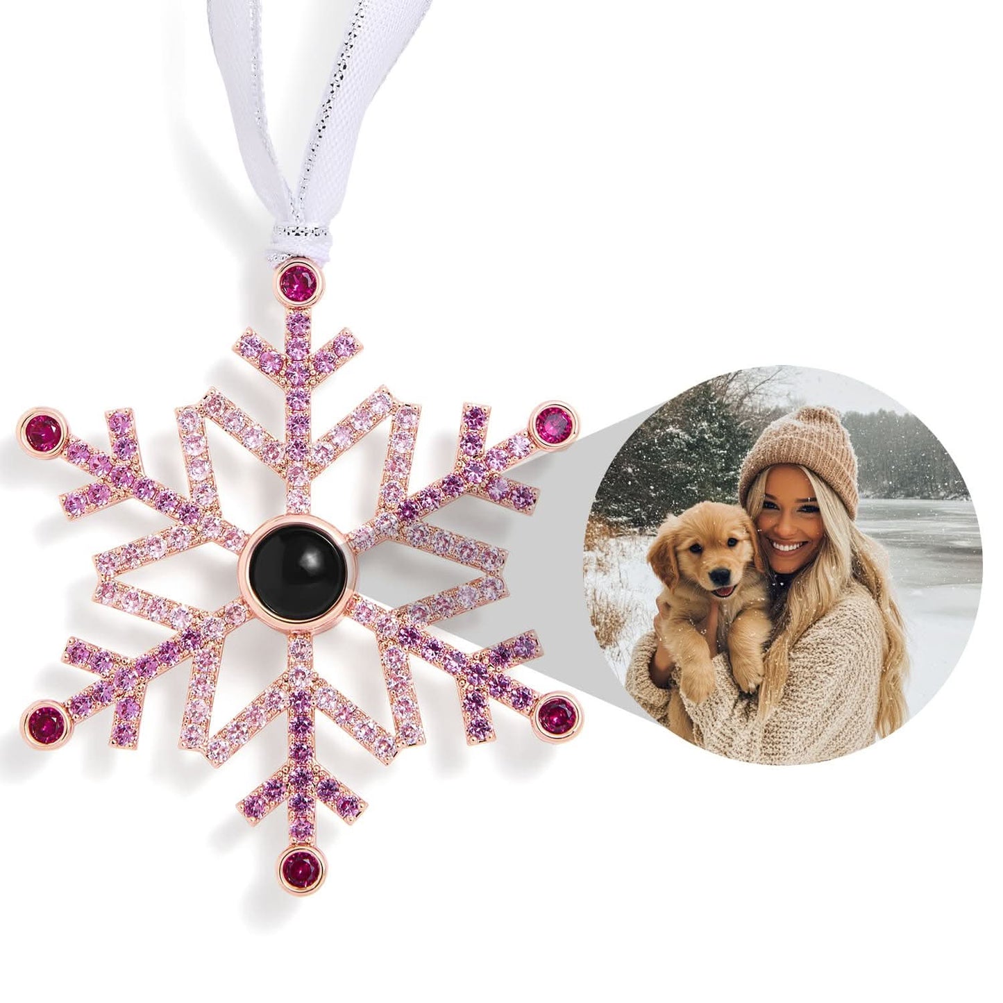 Ornement photo personnalisé flocon de neige rose ombré