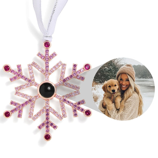 Ornement photo personnalisé flocon de neige rose ombré