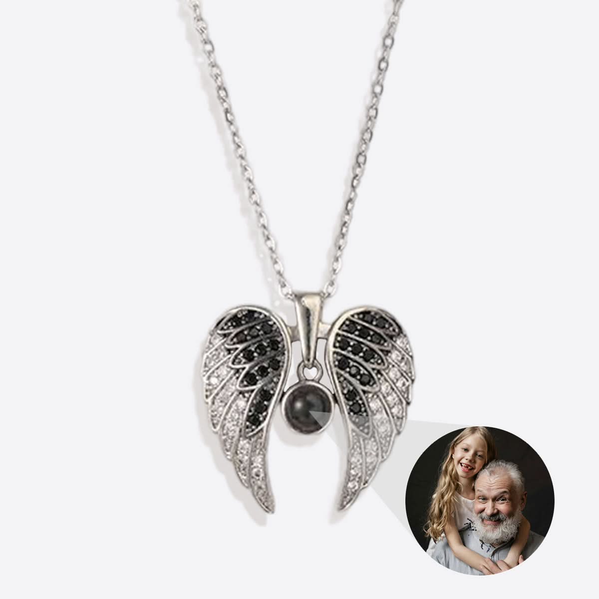 Collier photo commémoratif avec ailes d'ange étincelantes