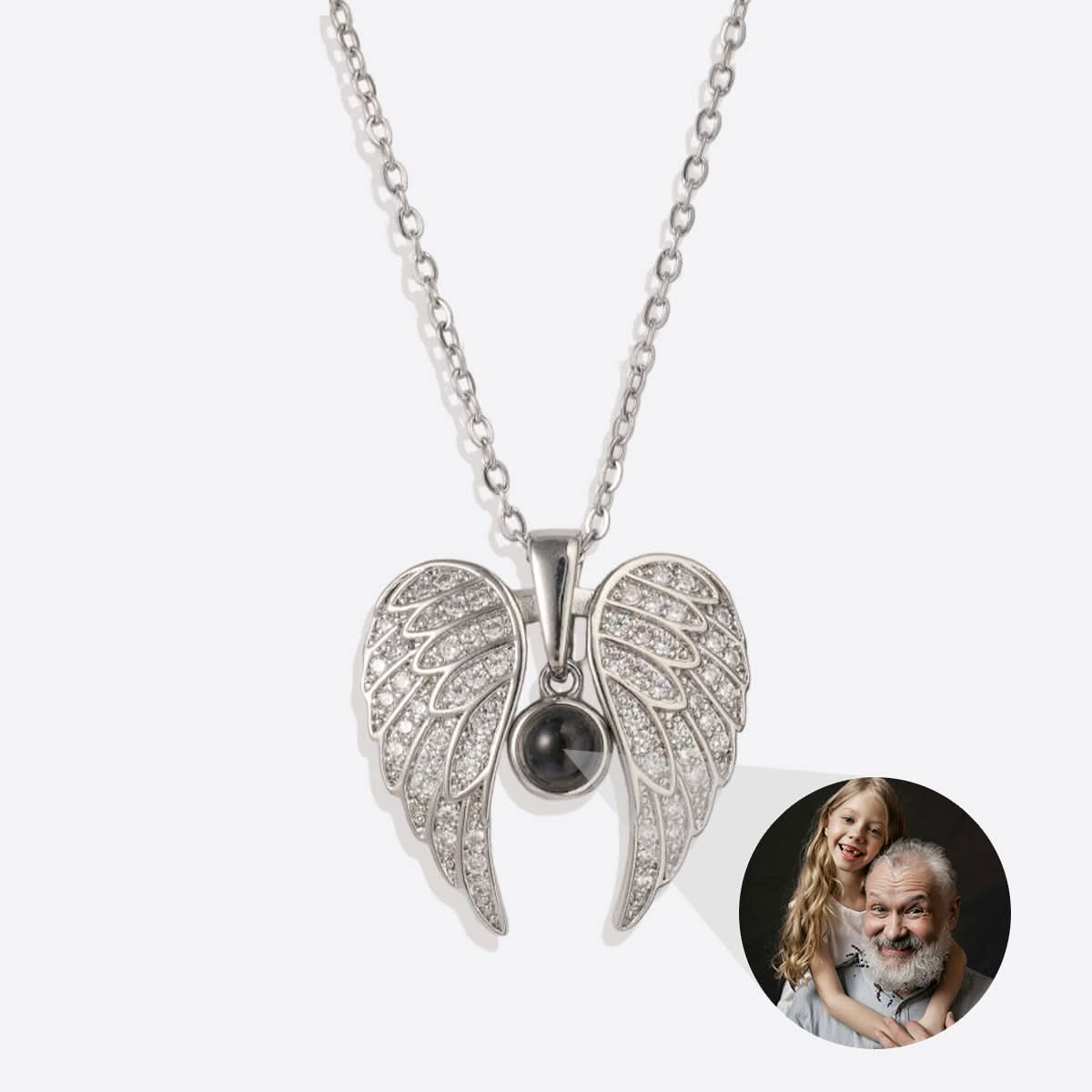Collier photo commémoratif avec ailes d'ange étincelantes