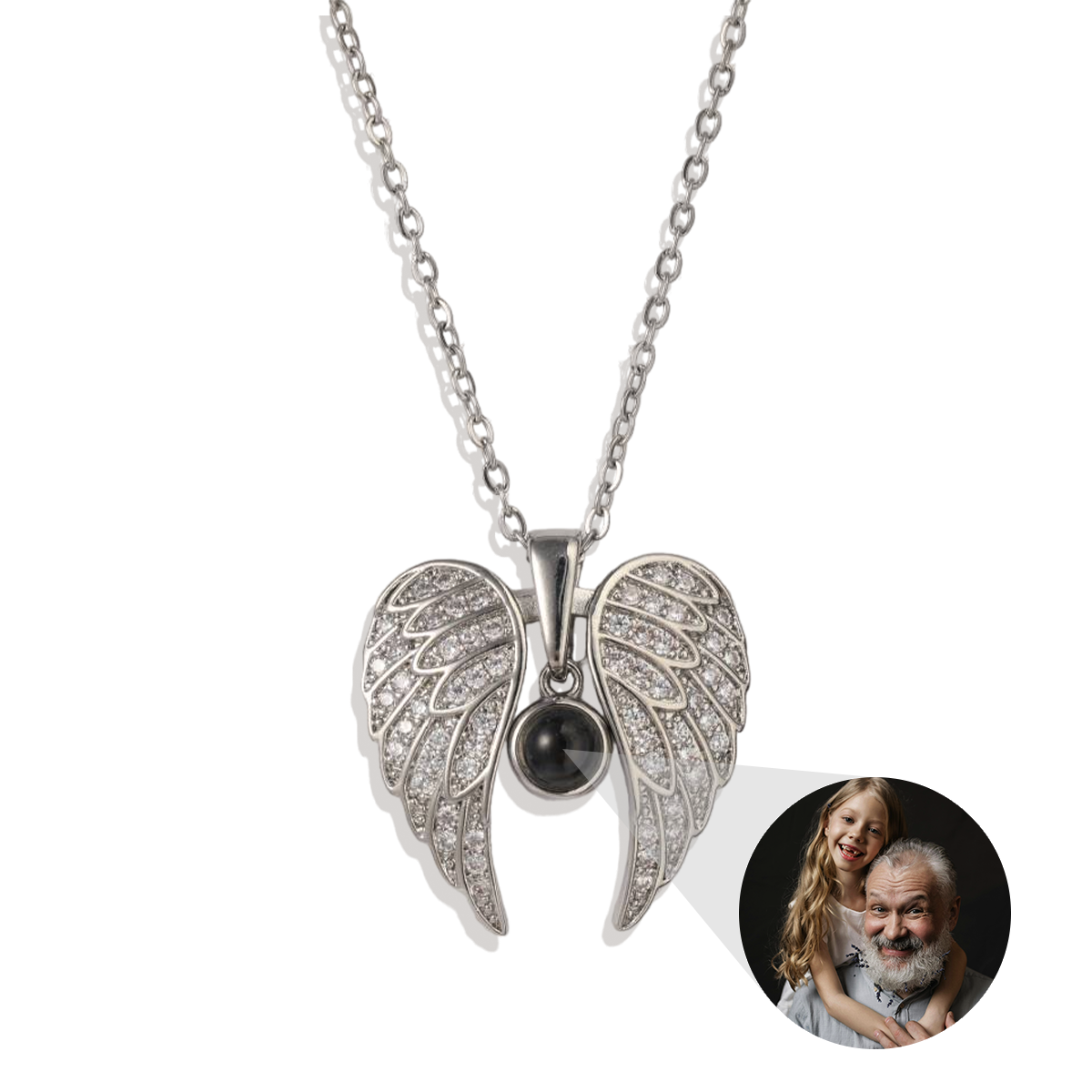Collier photo commémoratif avec ailes d'ange étincelantes