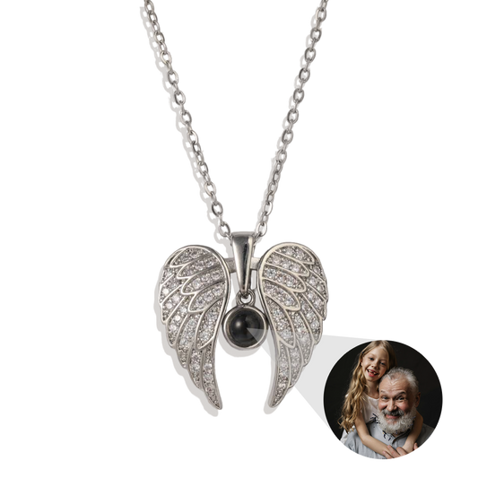 Collier photo commémoratif avec ailes d'ange étincelantes